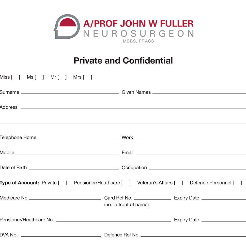 Patients can complete online their relevant clinical details prior to their appointment with A/Prof. John Fuller. They can also download a PDF, print it out and bring their details to the consultation.